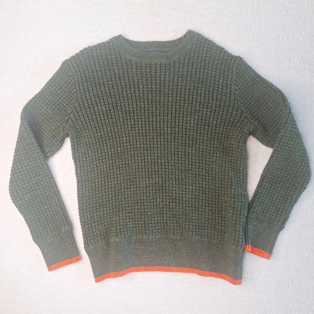 Gap Kids Boys Olive Green Waffle Knit Sweater‎ Orange Trim Size M 8 Pullover
